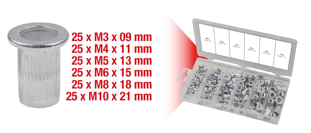 KS TOOLS Sortiment Gewindenieten, Aluminium, M3x9mm-M10x21mm, 150-tlg ( 970.0620 ) - Toolbrothers