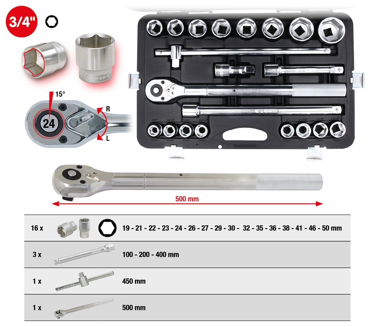 KS TOOLS 3/4" Steckschlüssel-Satz, 21-tlg 6-kant ( 911.0721 ) - Toolbrothers