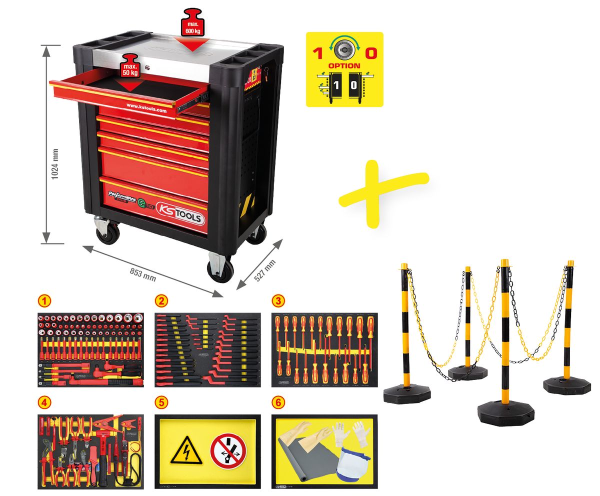 KS TOOLS PERFORMANCEplus Werkstattwagen e10 mit 164 isolierten Werkzeugen für Hybrid- und Elektrofahrzeuge ( 117.6155 ) - Toolbrothers