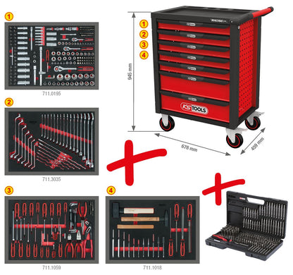 Chariot d'atelier KS TOOLS RACINGline NOIR/ROUGE avec 7 tiroirs et 515 outils premium (826.7515)