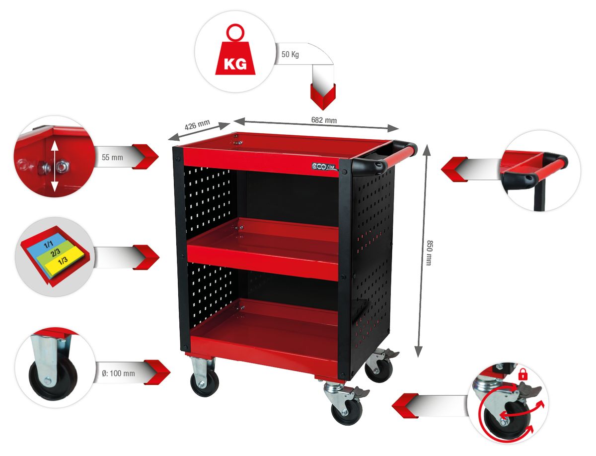 KS TOOLS ECOline Werkstatt-Servicewagen mit Lochplattenverkleidung ( 890.0006 ) - Toolbrothers