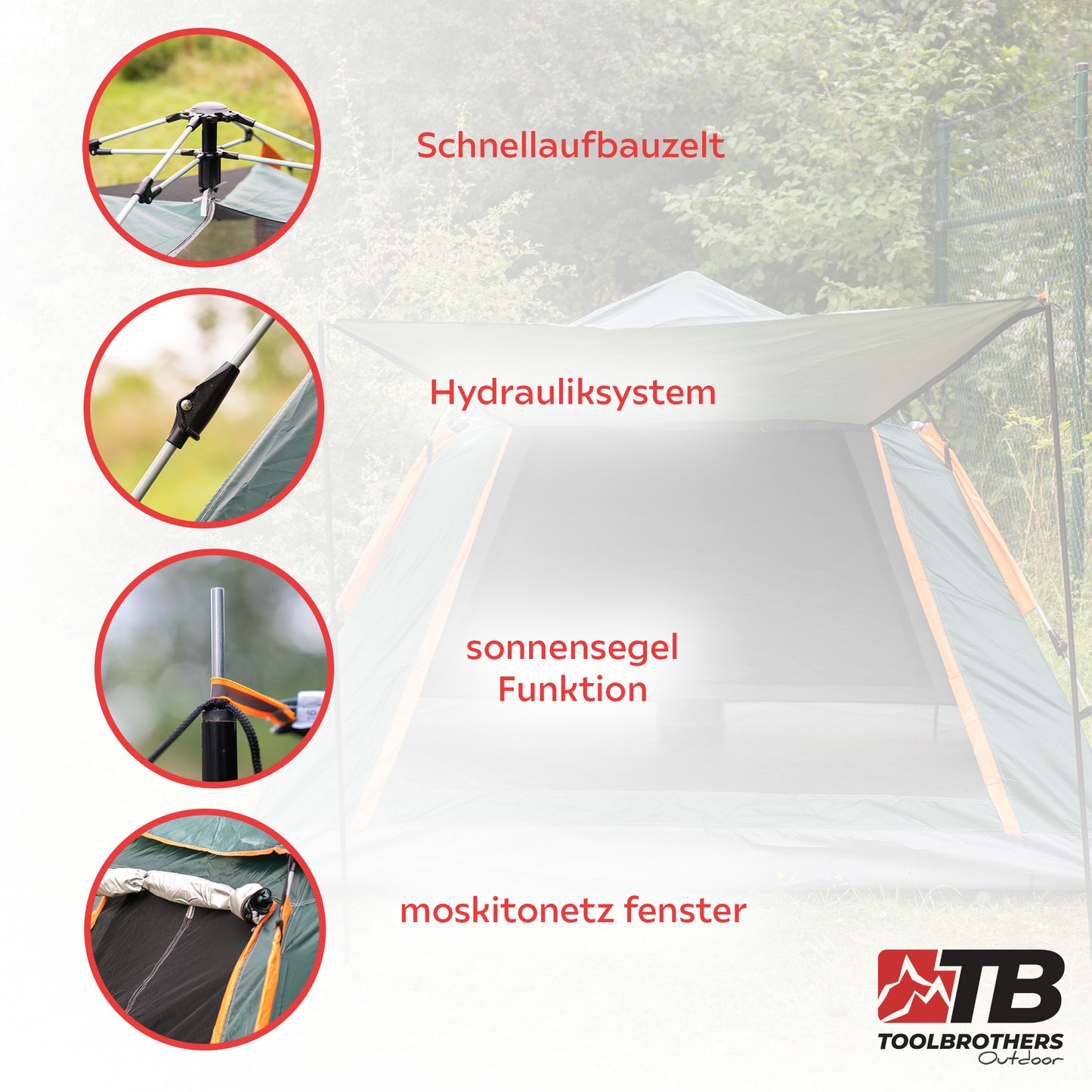 Toolbrothers Outdoor Camping Zelt für 2-4 Personen Kuppelzelt Hydraulikzelt Wasserdicht, 2000-3000 mm Wassersäule