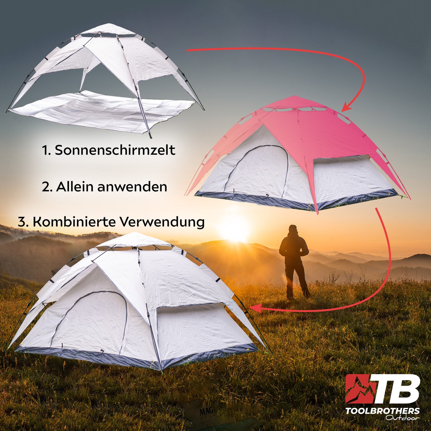 Toolbrothers  Outdoor  Camping Zelt für 2-4 Personen Kuppelzelt Hydraulikzelt Pop-Up zelt  Wasserdicht, 2000 mm Wassersäule + Isoliermatte