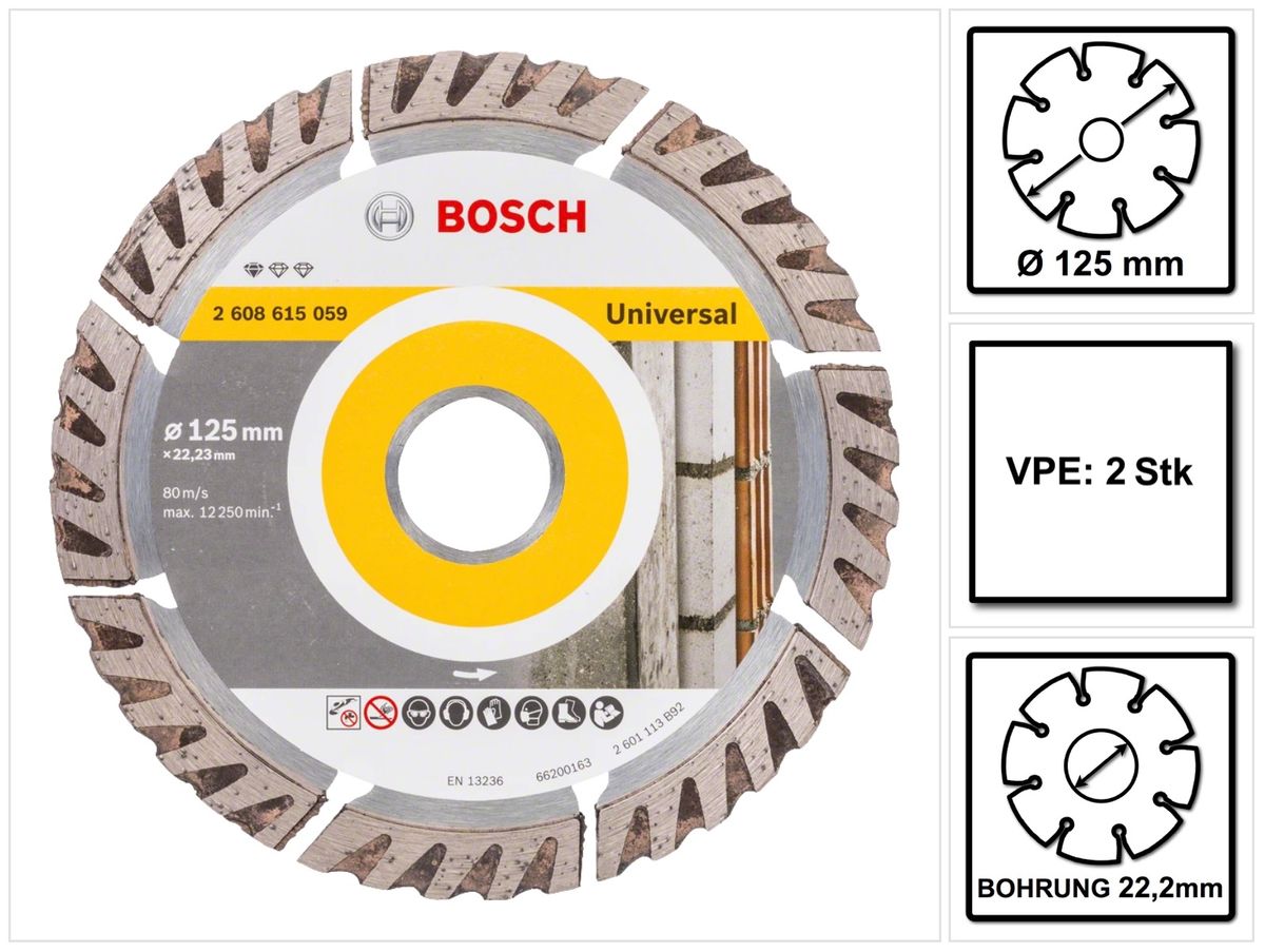 Bosch Standard pour disque à tronçonner diamanté universel 125 x 22,23 mm 2 pièces (2x 2608615059) pour béton, acier-béton, cuisson, chaux et grès