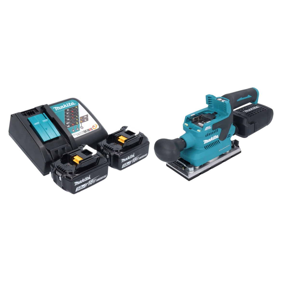 Makita DBO 382 RF Akku Schwingschleifer 18 V 93 x 185 mm Brushless + 2x Akku 3,0 Ah + Ladegerät