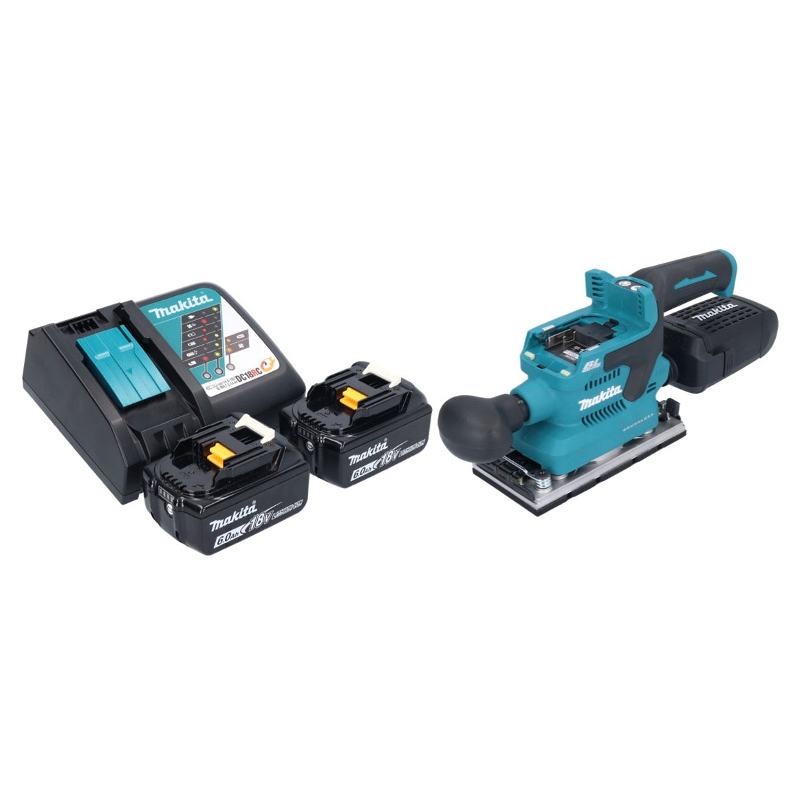 Makita DBO 382 RG Akku Schwingschleifer 18 V 93 x 185 mm Brushless + 2x Akku 6,0 Ah + Ladegerät