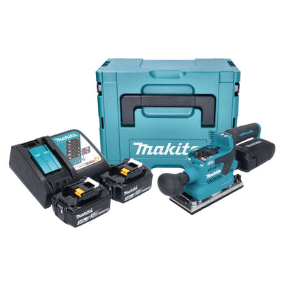 Makita DBO 382 RFJ Akku Schwingschleifer 18 V 93 x 185 mm Brushless + 2x Akku 3,0 Ah + Ladegerät + Makpac