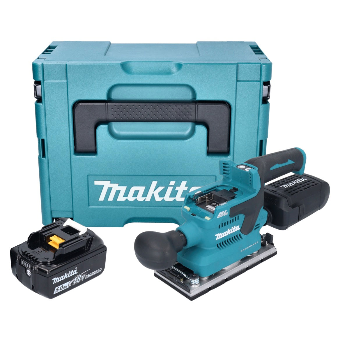 Makita DBO 382 T1J Ponceuse orbitale sur batterie 18 V 93 x 185 mm sans balais + 1x batterie 5,0 Ah + Makpac - sans chargeur