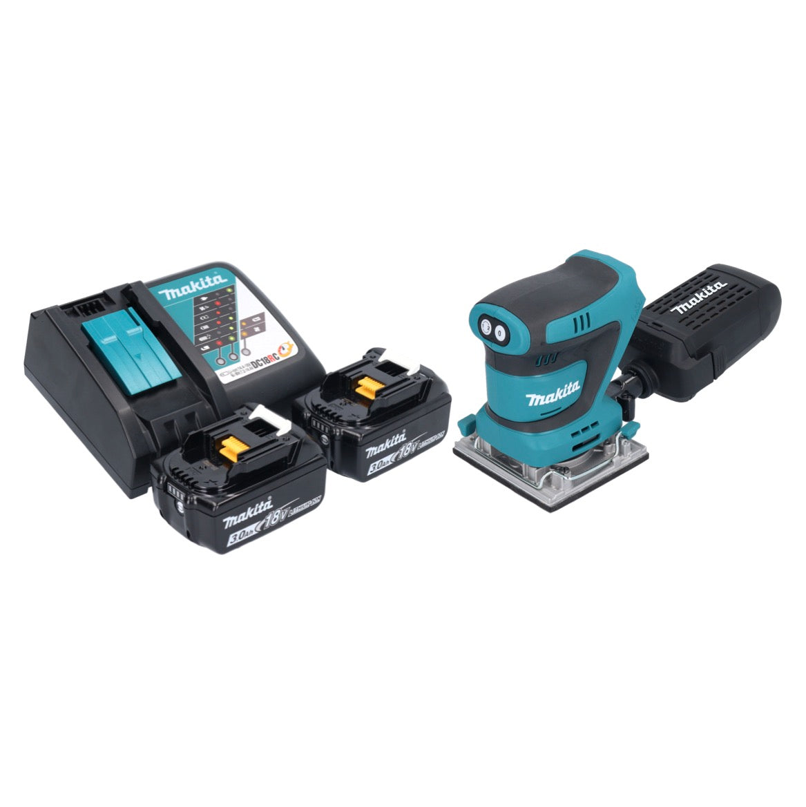 Makita DBO 484 RF Akku Schwingschleifer 18 V 112 x 102 mm + 2x Akku 3,0 Ah + Ladegerät