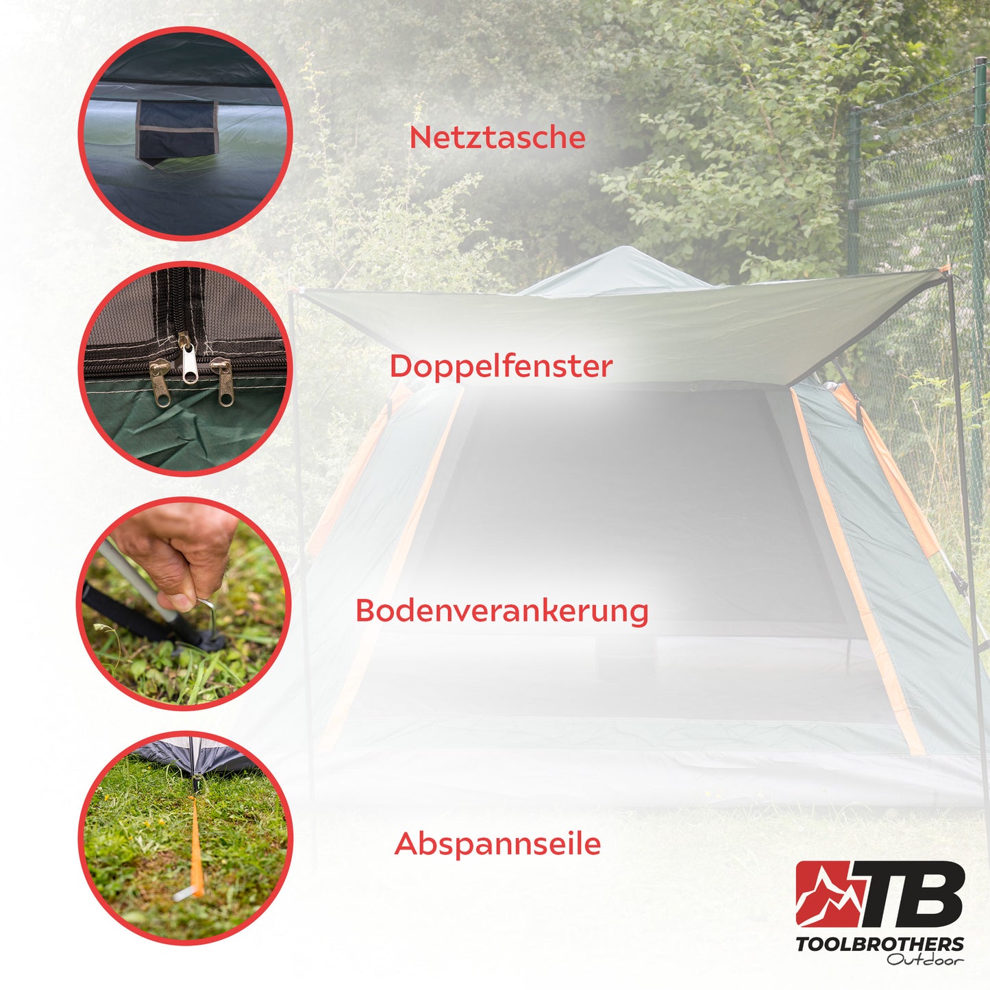 Toolbrothers Outdoor Camping-Set Zelt für 2-4 Personen Hydraulikzelt  Pop-Up zelt + Campingausrüstung 13-tlg