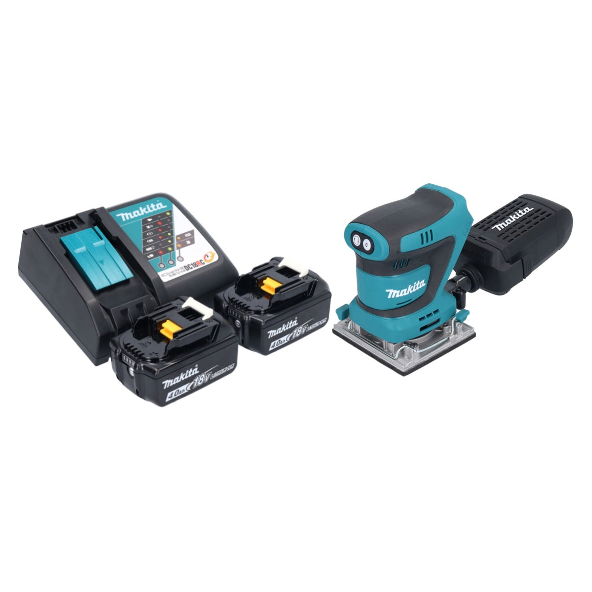 Makita DBO 484 RM Akku Schwingschleifer 18 V 112 x 102 mm + 2x Akku 4,0 Ah + Ladegerät