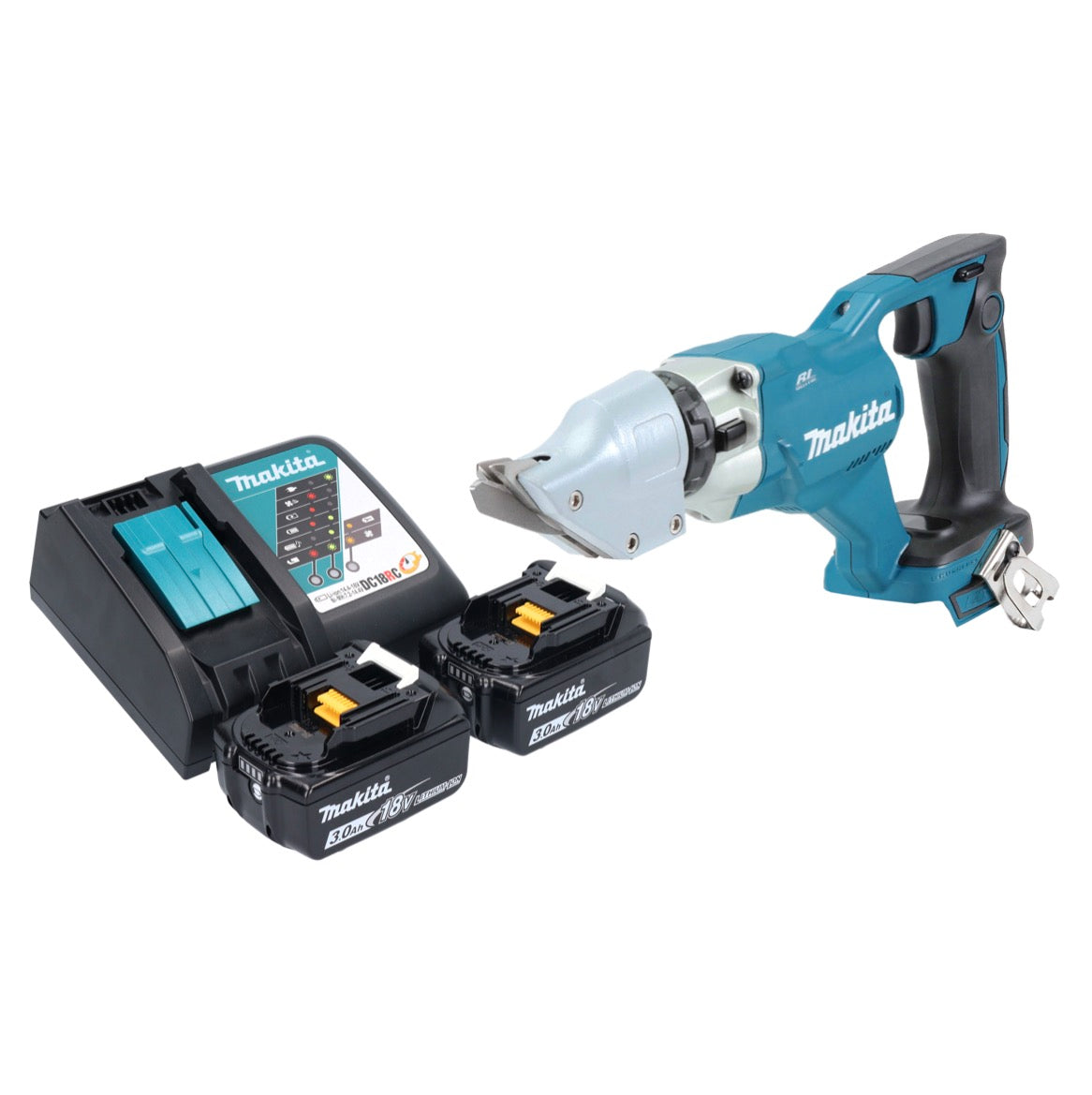 Makita DJS 200 RF Akku Blechschere 18 V 2,0 mm Brushless + 2x Akku 3,0 Ah + Ladegerät