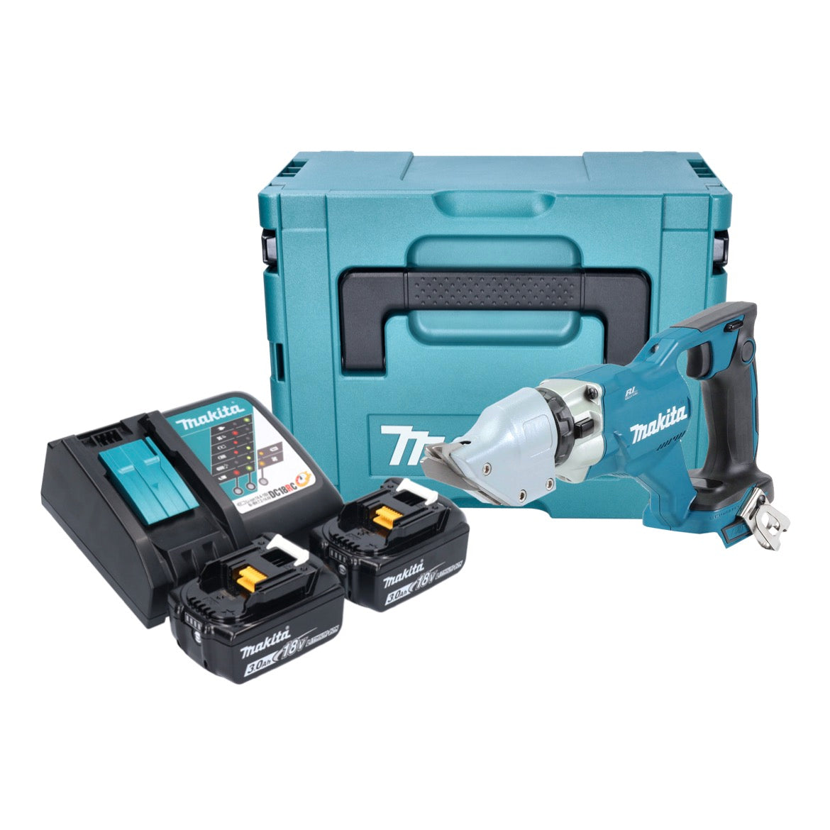 Makita DJS 200 RFJ batterie cisailles à tôle 18 V 2,0 mm brushless + 2x batteries 3,0 Ah + chargeur + Makpac