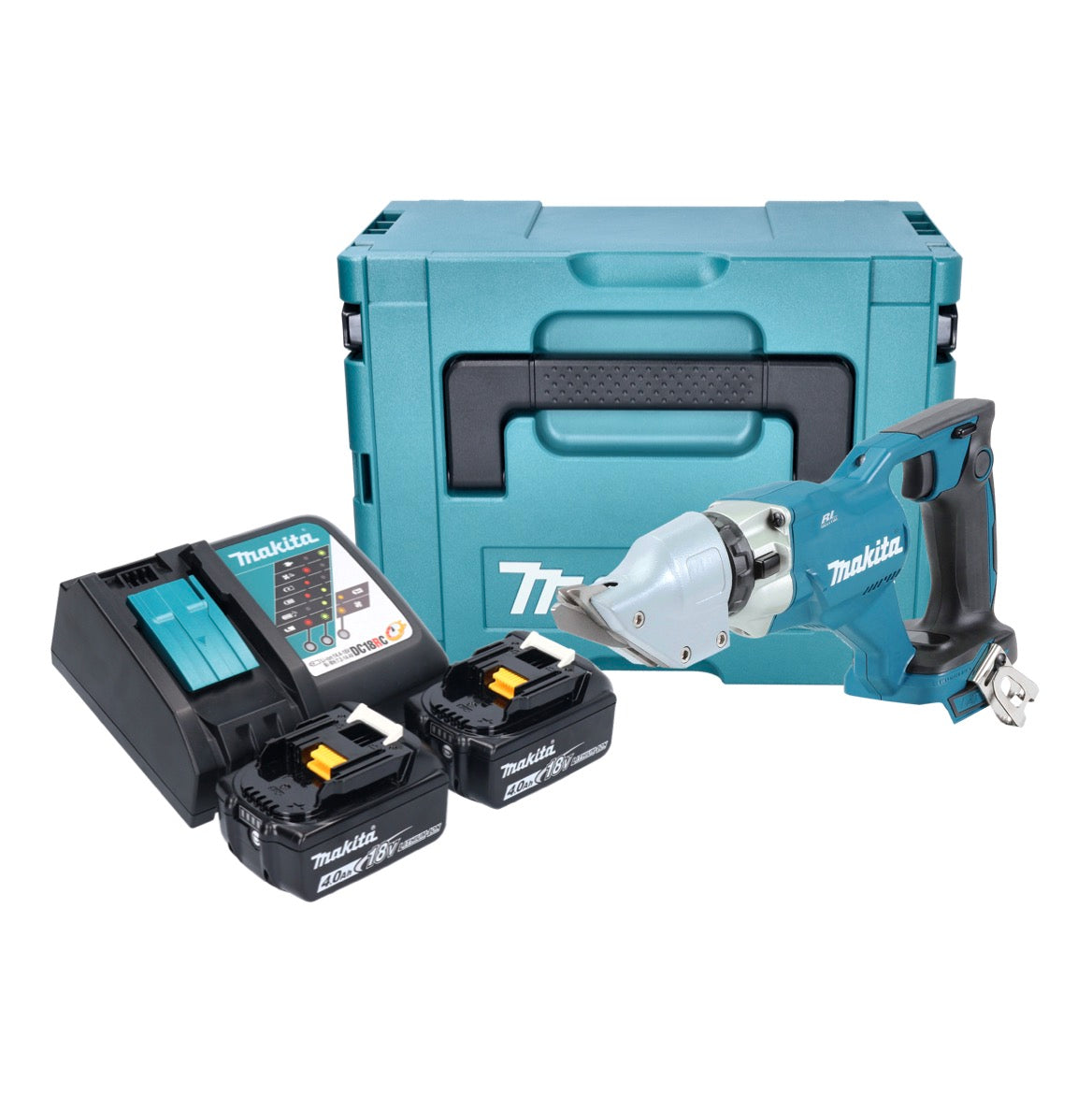 Makita DJS 200 RMJ Akku Blechschere 18 V 2,0 mm Brushless + 2x Akku 4,0 Ah + Ladegerät + Makpac