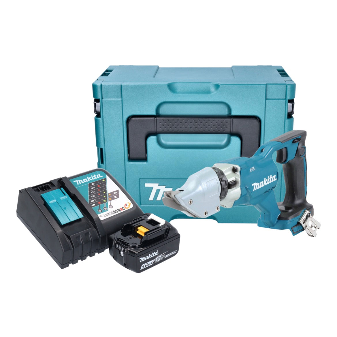 Makita DJS 200 RT1J Akku Blechschere 18 V 2,0 mm Brushless + 1x Akku 5,0 Ah + Ladegerät + Makpac