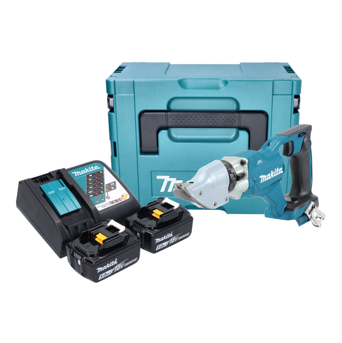 Makita DJS 200 RTJ batterie cisailles à tôle 18 V 2,0 mm brushless + 2x batteries 5,0 Ah + chargeur + Makpac