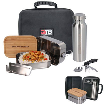 Toolbrothers Fan Lunch Pack dans un étui rigide, sac de transport, sac à déjeuner étanche avec boîte à lunch en acier inoxydable, couvercle en bambou à 2 niveaux 1340 ml + gourde en acier inoxydable 600 ml + couverts multifonctions 4 en 1