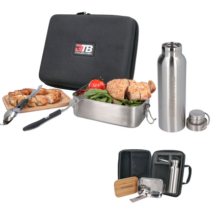 Toolbrothers Fan Lunchpaket in Hardcase Tragetasche Lunchtasche Wasserdicht  mit Edelstahl Brotdose & Bambus Deckel 1200 ml + Edelstahl Trinkflasche 600 ml + 4 in 1 Multifunktions Besteck