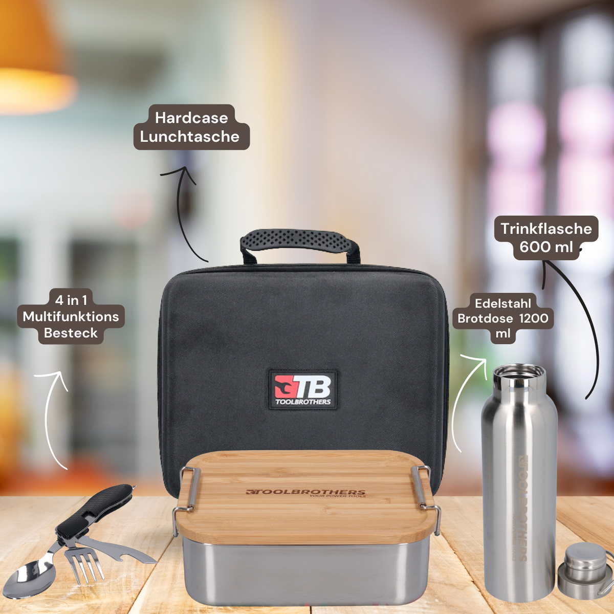 Toolbrothers Sac à lunch Fan dans un étui rigide, sac de transport, sac à lunch étanche avec boîte à lunch en acier inoxydable et couvercle en bambou 1200 ml + gourde en acier inoxydable 600 ml + couverts multifonctions 4 en 1