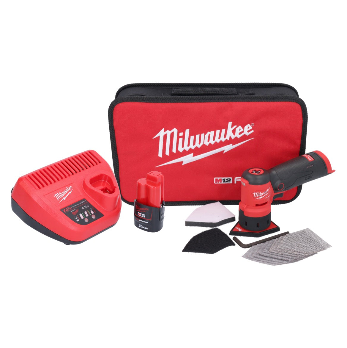 Milwaukee M12 FDSS-201B Akku Punktschleifer 12 V 88,8 x 63,5 mm + 1x Akku 2,0 Ah + Ladegerät