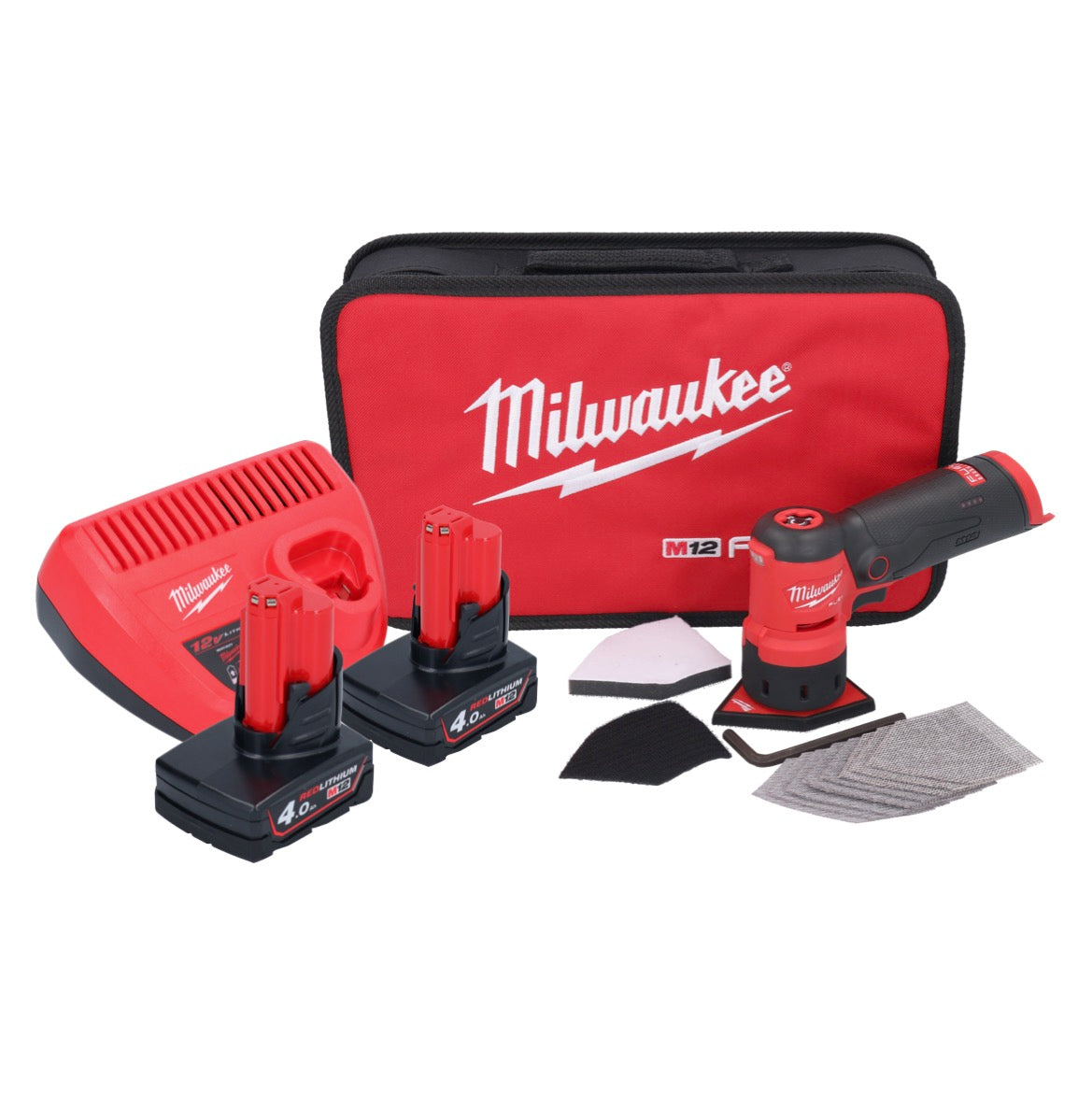 Milwaukee M12 FDSS-402B Akku Punktschleifer 12 V 88,8 x 63,5 mm + 2x Akku 4,0 Ah + Ladegerät