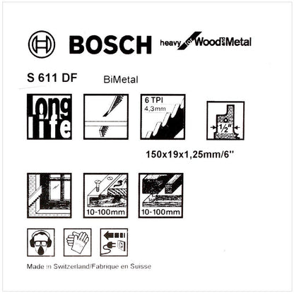 Bosch 5 Säbelsägeblätter 150 mm Heavy for Wood and Metal S 611 DF / S611DF ( 2608656258 ) - Toolbrothers