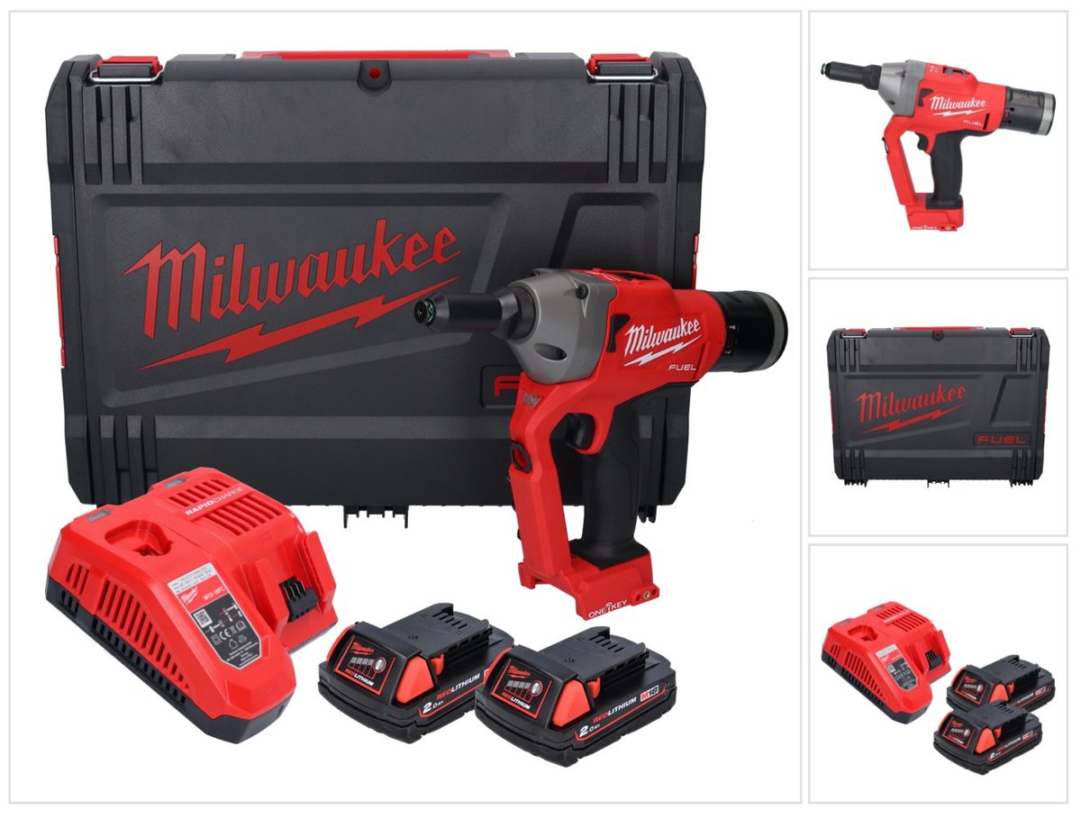 Riveteuse aveugle sur batterie Milwaukee M18 ONEFPRT-202X 18 V 20 kN brushless (4933478602) + 2x batterie 2,0 Ah + chargeur + boîtier HD