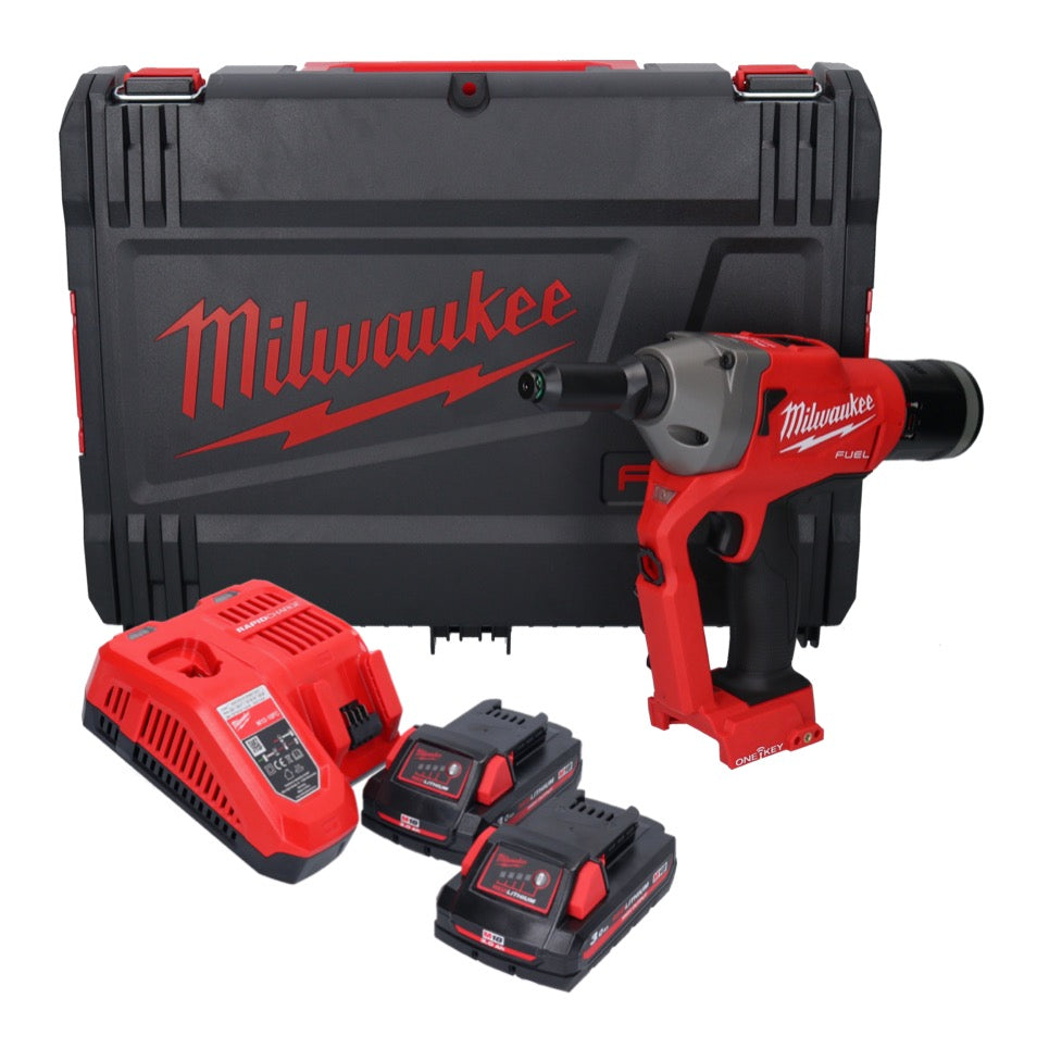 Riveteuse aveugle sur batterie Milwaukee M18 ONEFPRT-302X 18 V 20 kN sans balais + 2x batterie 3,0 Ah + chargeur + boîtier HD