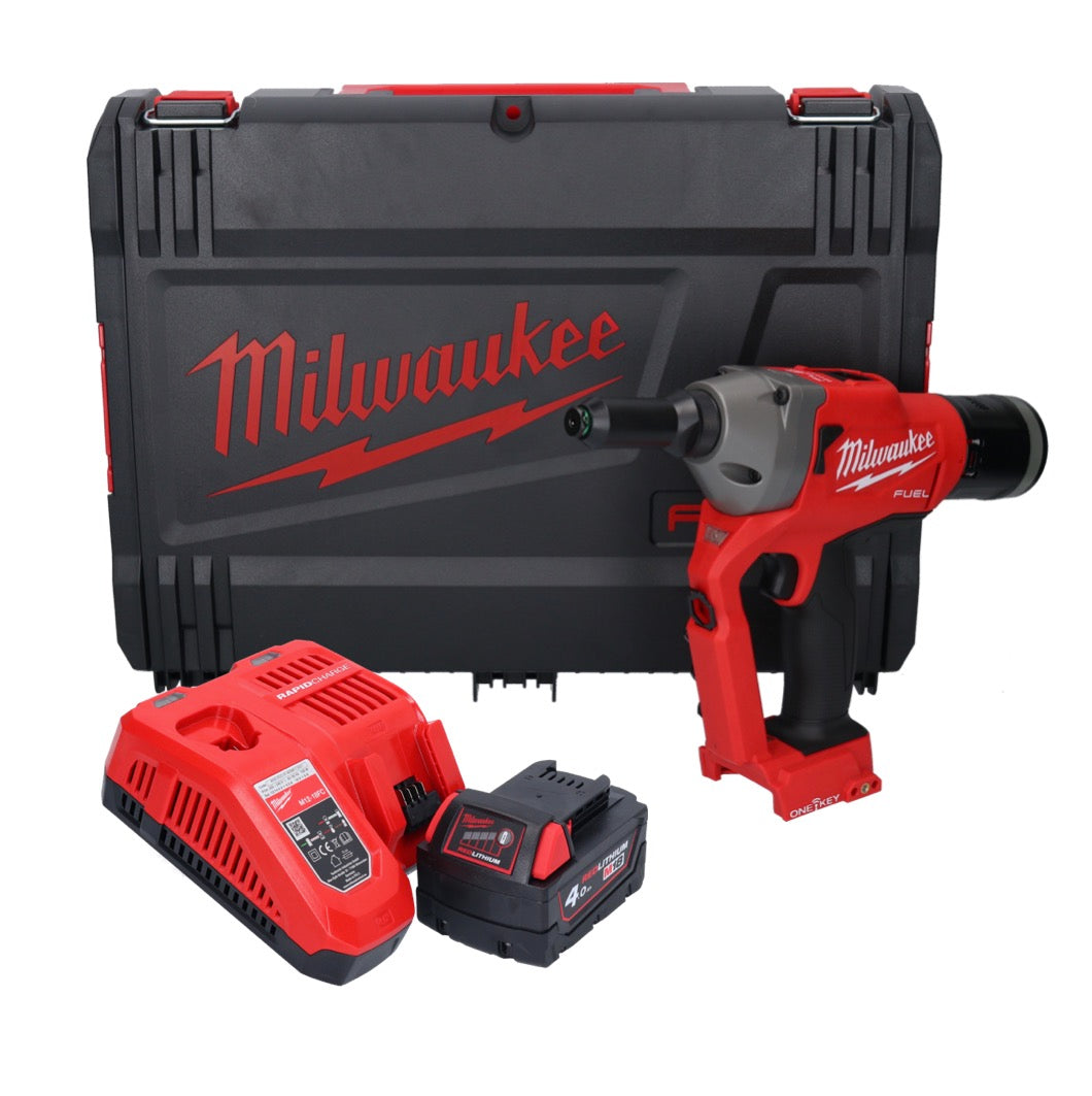 Riveteuse aveugle sur batterie Milwaukee M18 ONEFPRT-401X 18 V 20 kN sans balais + 1x batterie 4,0 Ah + chargeur + boîtier HD