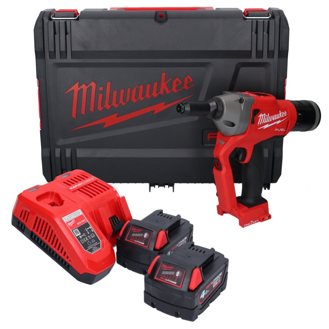 Riveteuse aveugle sur batterie Milwaukee M18 ONEFPRT-402X 18 V 20 kN sans balais + 2x batterie 4,0 Ah + chargeur + boîtier HD