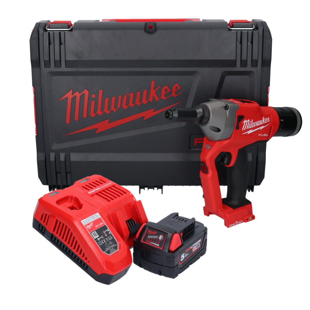 Riveteuse aveugle sur batterie Milwaukee M18 ONEFPRT-501X 18 V 20 kN sans balais + 1x batterie 5,0 Ah + chargeur + boîtier HD