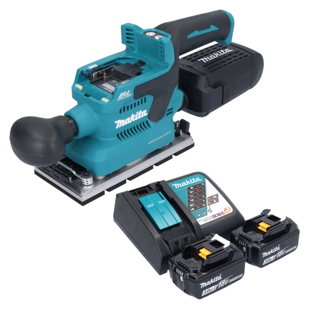 Makita DBO 381 RFU Akku Schwingschleifer 18 V 93 x 185 mm Brushless + 2x Akku 3,0 Ah + Ladegerät