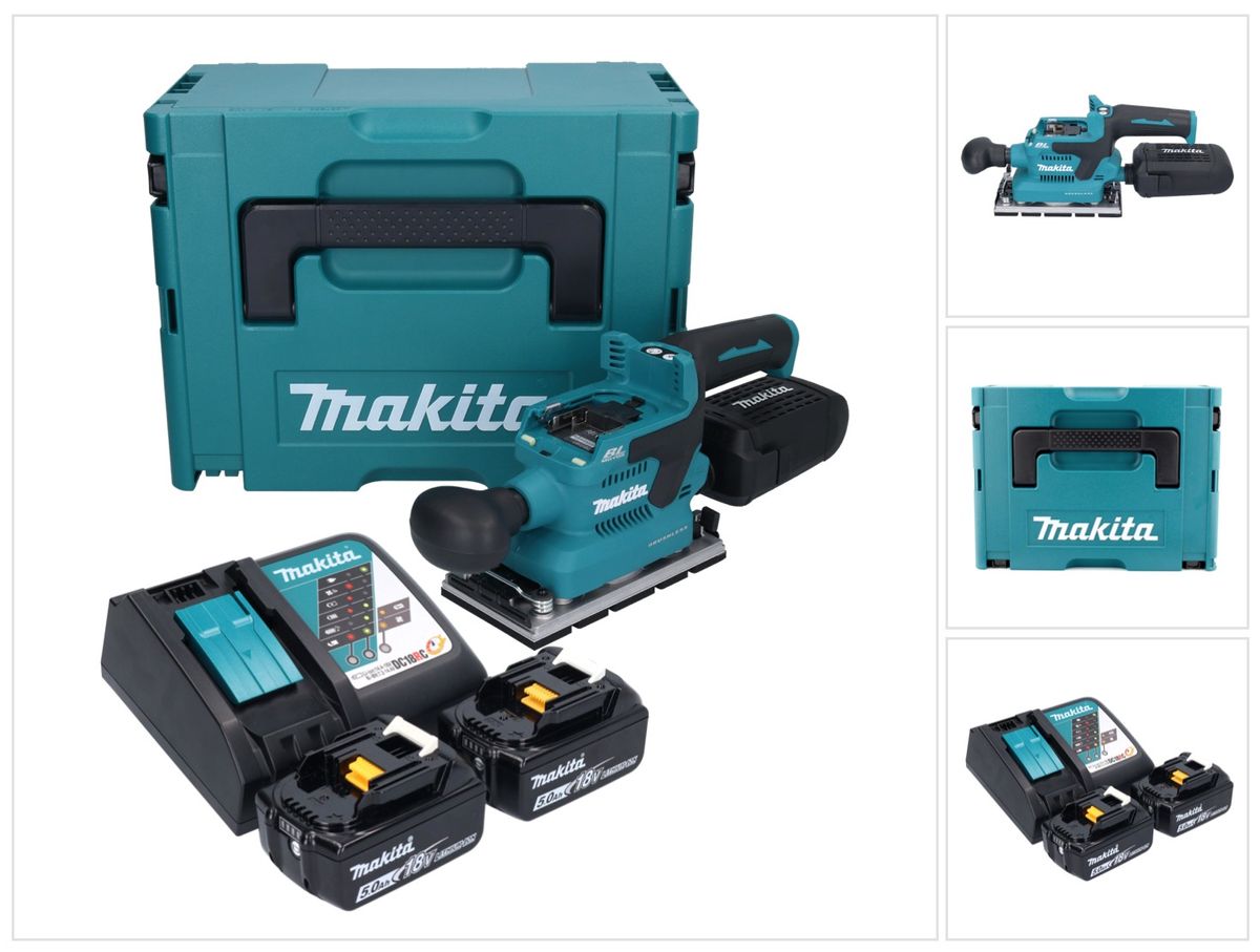 Makita DBO 381 RTJU ponceuse orbitale sur batterie 18 V 93 x 185 mm sans balais + 2x batteries 5,0 Ah + chargeur + Makpac