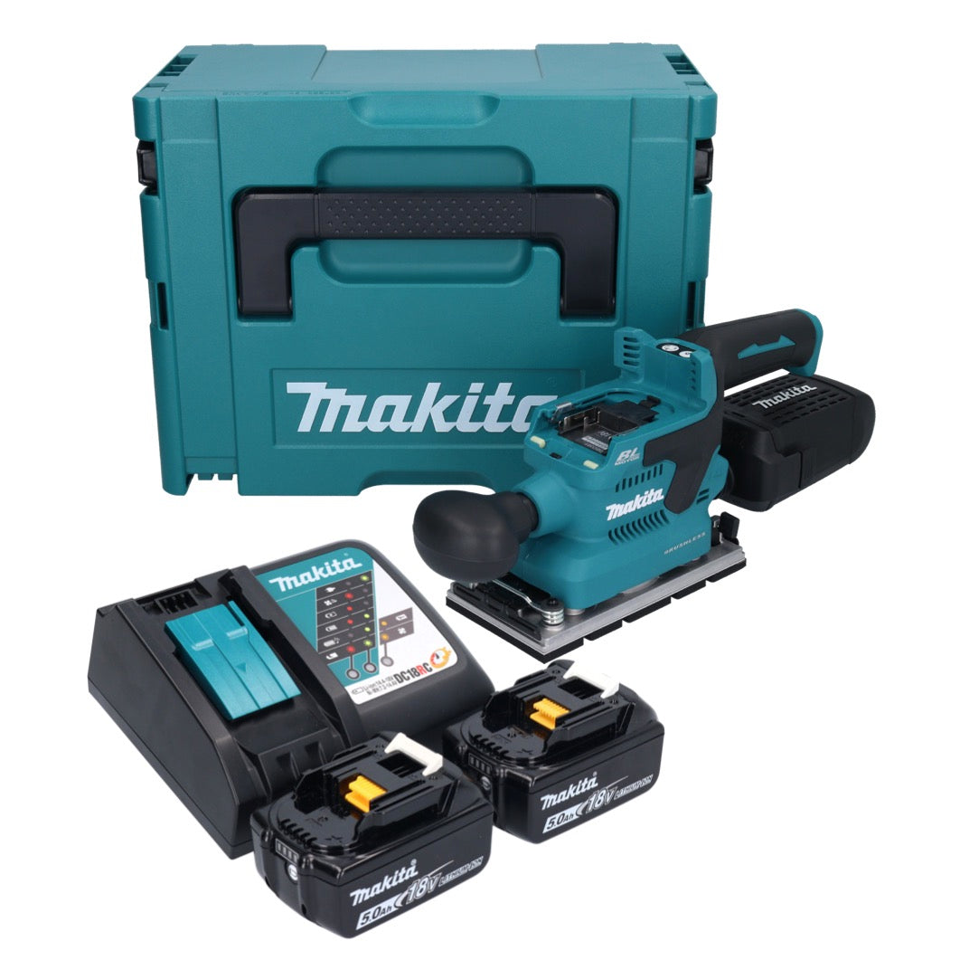 Makita DBO 381 RTJU Akku Schwingschleifer 18 V 93 x 185 mm Brushless + 2x Akku 5,0 Ah + Ladegerät + Makpac