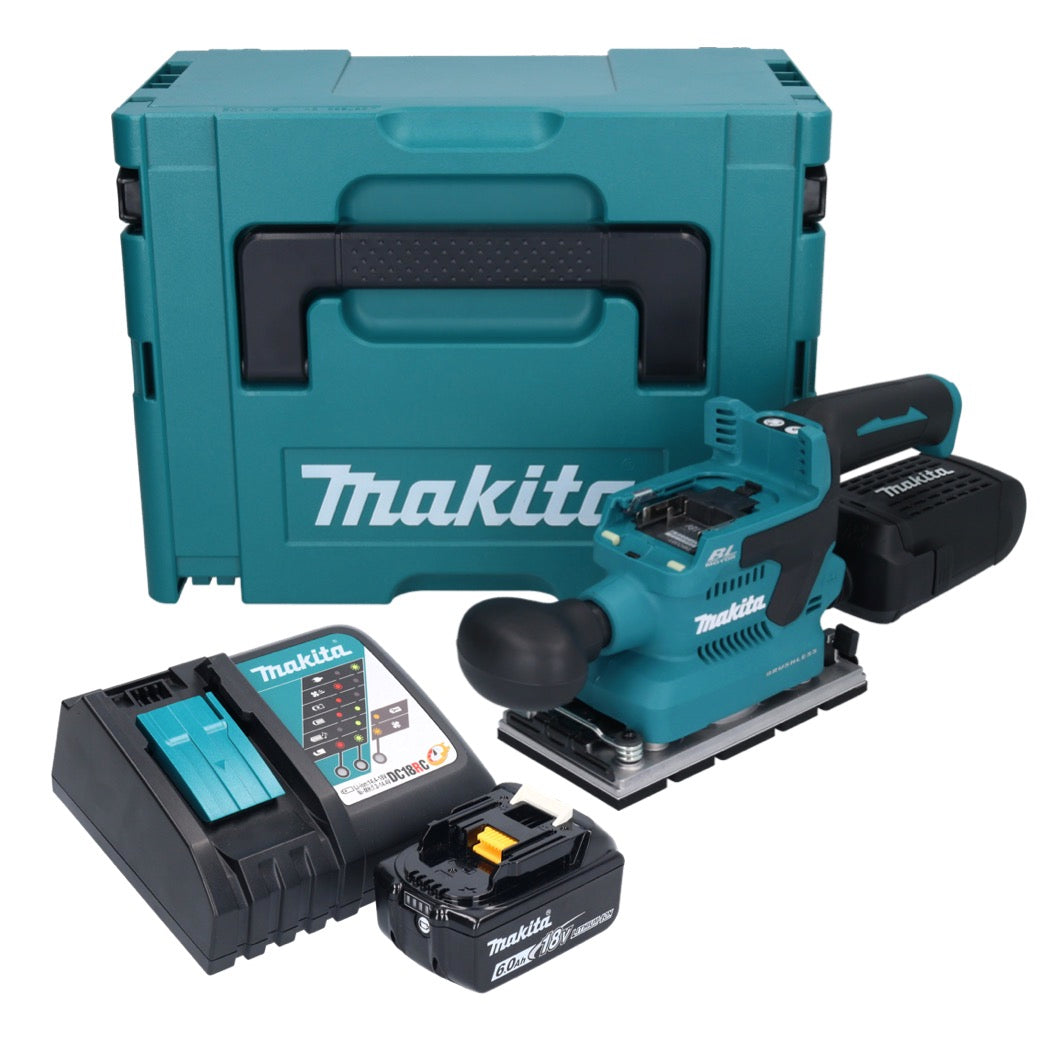 Makita DBO 381 RG1JU ponceuse orbitale sur batterie 18 V 93 x 185 mm sans balais + 1x batterie 6,0 Ah + chargeur + Makpac