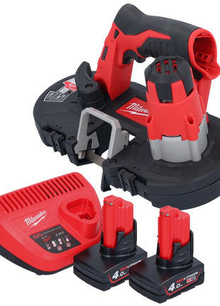 Sierra de cinta a batería Milwaukee M12 BS-402 12 V 41 x 41 mm + 2x baterías 4,0 Ah + cargador