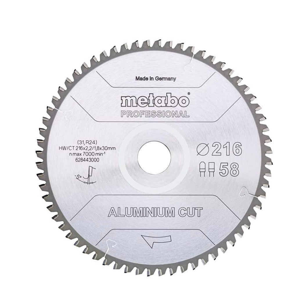 Metabo Aluminum Cut - Lame de scie circulaire professionnelle 216 x 30 mm Z58 FZ/TZ 5° NEG (628443000) pour l'aluminium