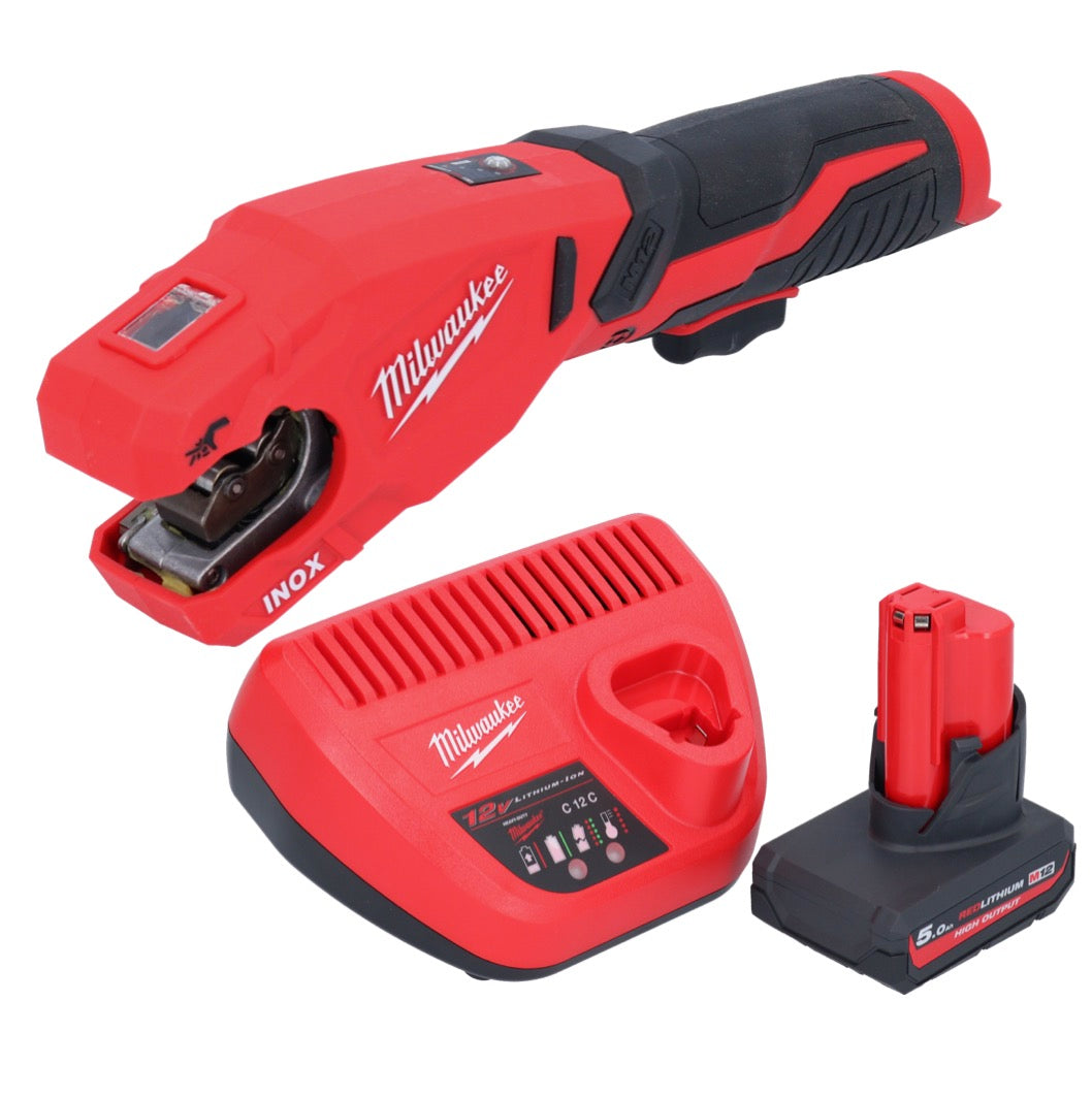 Coupe-tubes en acier inoxydable sur batterie Milwaukee M12 PCSS-501 12 V 12 - 28 mm + 1x batterie 5,0 Ah + chargeur