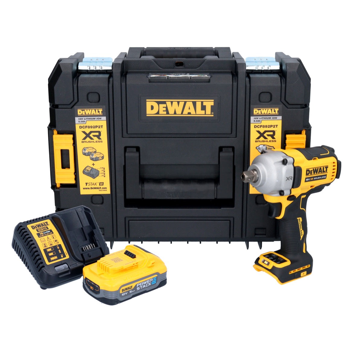 Clé à chocs sans fil DeWalt DCF 892 H1T 18 V 813 Nm 1/2" sans balais + 1x batterie Powerstack 5,0 Ah + chargeur + TSTAK