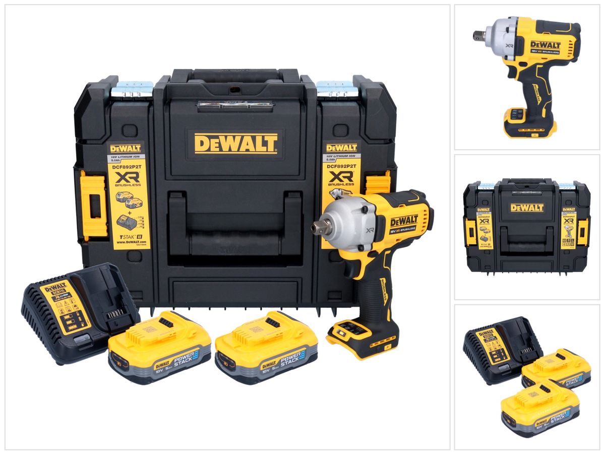 Clé à chocs sans fil DeWalt DCF 892 H2T 18 V 813 Nm 1/2" sans balais + 2x batterie Powerstack 5,0 Ah + chargeur + TSTAK