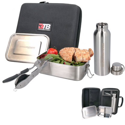 Sac à lunch Toolbrothers dans un étui rigide, sac de transport avec boîte à lunch en acier inoxydable avec séparateurs 1200 ml + gourde 600 ml + couverts multifonctions 4 en 1