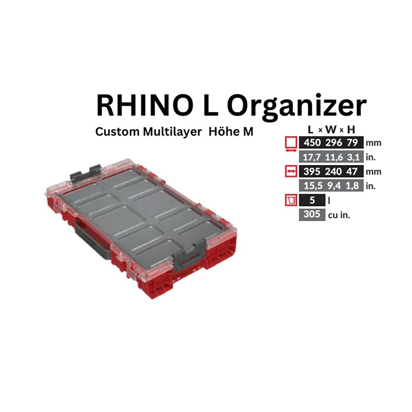 Toolbrothers RHINO L Organiseur ULTRA Hauteur M Personnalisé Multicouche 452 x 296 x 79 mm 5 l empilable IP54