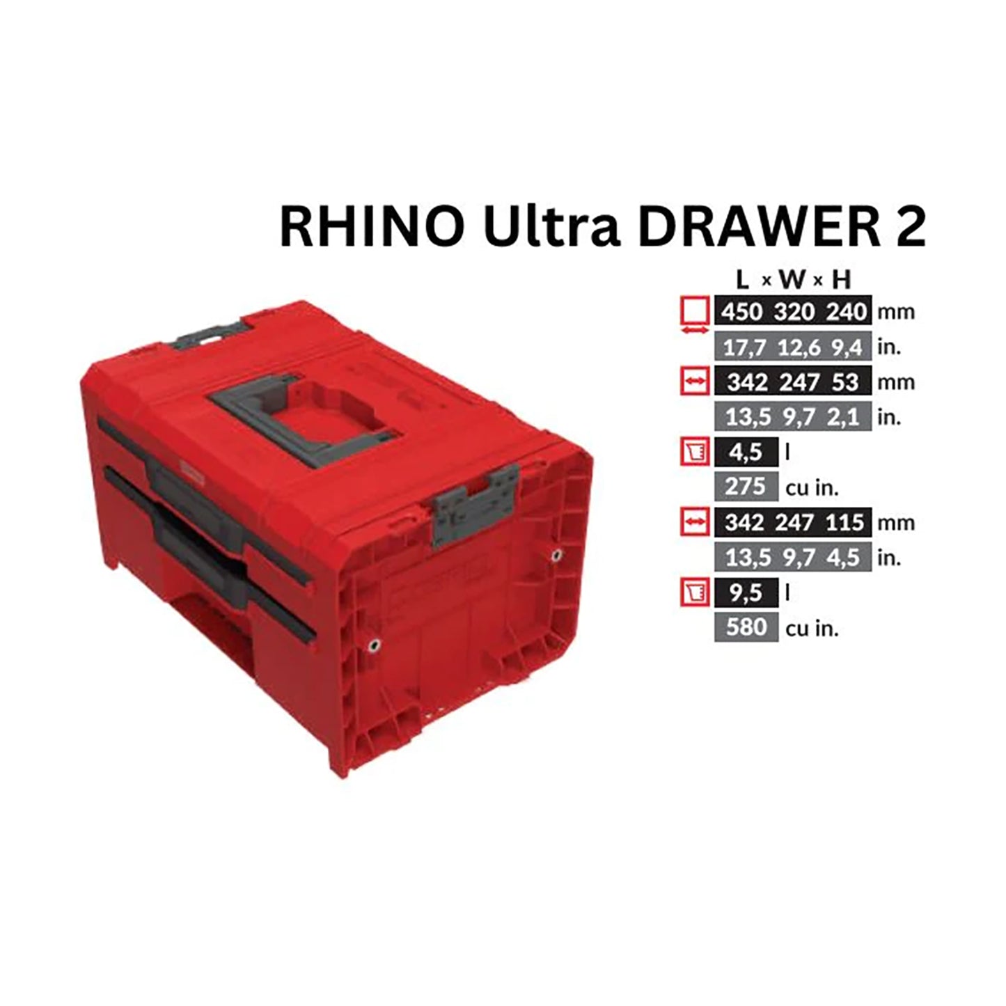 Toolbrothers RHINO L Drawer 2 ULTRA Organize+ mallette à outils 450 x 310 x 244 mm 14 l empilable IP54 avec 2 tiroirs