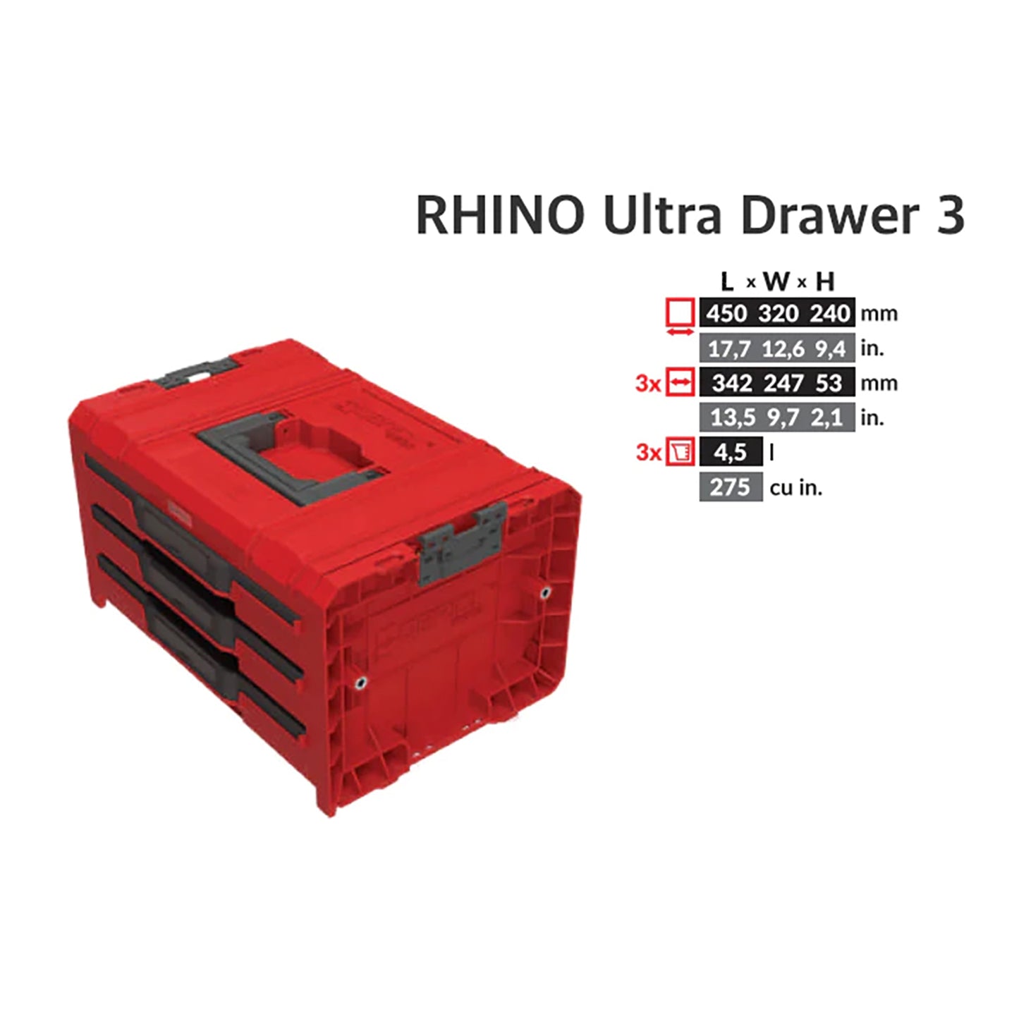 Toolbrothers RHINO L Drawer 3 ULTRA Organize+ mallette à outils 450 x 310 x 244 mm 13,5 l empilable IP54 avec 3 tiroirs