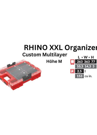 Toolbrothers RHINO XXL Organisateur ULTRA Hauteur M Personnalisé Multicouche empilable 365 x 265 x 77 mm 2,5 l IP66 avec insert en mousse