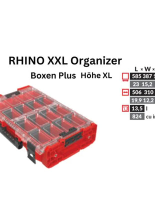 Toolbrothers RHINO XXL Organiseur ULTRA hauteur XL boîtes+ Empilable sur mesure 582 x 387 x 131 mm 13,5 l IP66 avec 4 compartiments et 12 séparateurs