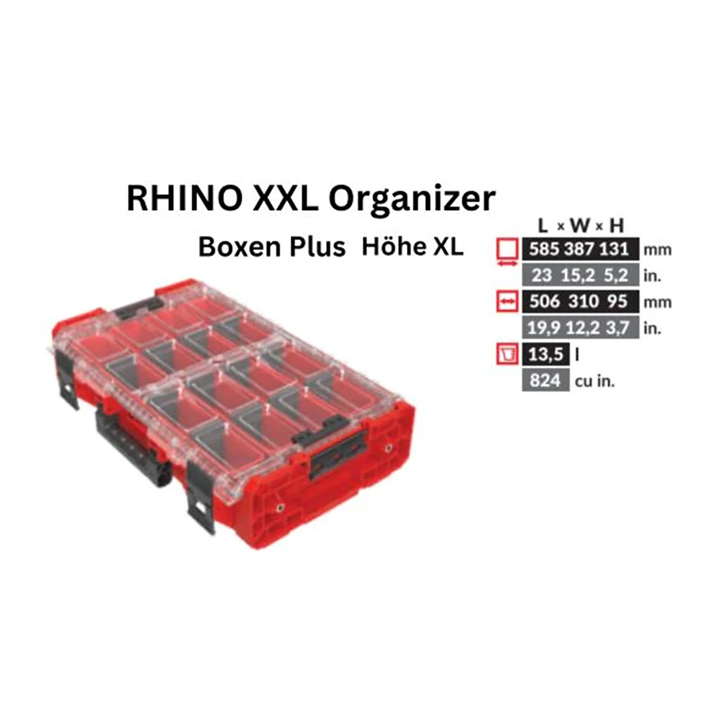 Toolbrothers RHINO XXL Organiseur ULTRA hauteur XL boîtes+ Empilable sur mesure 582 x 387 x 131 mm 13,5 l IP66 avec 4 compartiments et 12 séparateurs