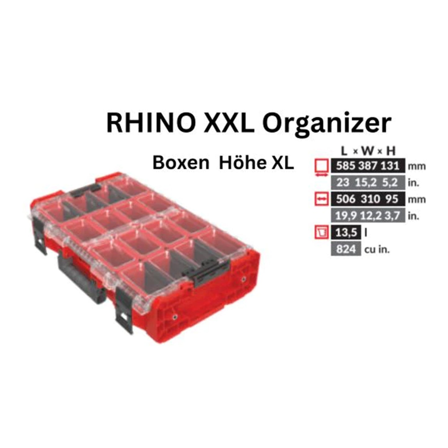 Toolbrothers RHINO XXL Organiseur ULTRA Hauteur XL Boîtes Personnalisées 582 x 387 x 131 mm 13,5 l IP66 avec 8 compartiments et 6 séparateurs