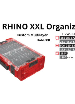 Toolbrothers RHINO XXL Organiseur ULTRA Hauteur 2XL Personnalisé Multicouche empilable 582 x 387 x 172 mm 13,5 l IP66 avec insert en mousse