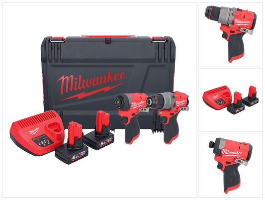 Milwaukee M12 FPP2A2-602X combo set (4933480588) Perceuse à percussion sur batterie M12 FPD2 45 Nm + Visseuse à percussion sur batterie M12 FID2 170 Nm 1/4" brushless + 2x batterie 6,0 Ah + chargeur + boîtier HD